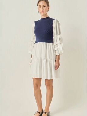 English Factory Mixed Media Puff Sleeve Dress Navy White Size M